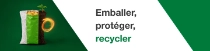 Un sandwich partiellement emballé dans un emballage de plastique blanc est placé à gauche de l'image. À droite, le texte indique : « Emballer, protéger, recycler » Un sandwich partiellement emballé dans un emballage de plastique blanc est placé à gauche de l'image. À droite, le texte indique : « Emballer, protéger, recycler »