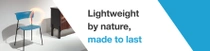 A blue chair and a dark piece of furniture against a light background with a light swirl. The text reads: "Naturally light, made to last." A blue chair and a dark piece of furniture against a light background with a light swirl. The text reads: "Naturally light, made to last."