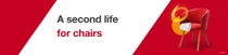 A red armchair with wooden legs in front of a red background, with a glowing light-ring effect. The text reads: "A second life for chairs." A red armchair with wooden legs in front of a red background, with a glowing light-ring effect. The text reads: "A second life for chairs."
