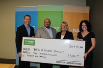 BASF employees present a $4000 donation to the YMCA of Greater Toronto. From left to right: Peter Hasfeld, Director, Finance and Business Services, BASF Canada, Emilio Palferro, Senior Development Officer, Corporate Partnerships, YMCA of Greater Toronto, Janet Johnson, Mississauga Health and Fitness General Manager, YMCA of Greater Toronto and Oleta LaRush, Manager, Communications, BASF Canada. BASF employees present a $4000 donation to the YMCA of Greater Toronto. From left to right: Peter Hasfeld, Director, Finance and Business Services, BASF Canada, Emilio Palferro, Senior Development Officer, Corporate Partnerships, YMCA of Greater Toronto, Janet Johnson, Mississauga Health and Fitness General Manager, YMCA of Greater Toronto and Oleta LaRush, Manager, Communications, BASF Canada.