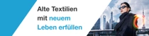 Eine Frau trägt eine schwarze Jacke vor der Skyline von Shanghai. Ein farbiger Lichtwirbel erscheint rechts von ihr. Der Text lautet:"Alte Textilien mit neuem Leben erfüllen."