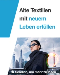 Eine Frau trägt eine schwarze Jacke vor der Skyline von Shanghai. Ein farbiger Lichtwirbel erscheint rechts von ihr. Der Text lautet:"Alte Textilien mit neuem Leben erfüllen."