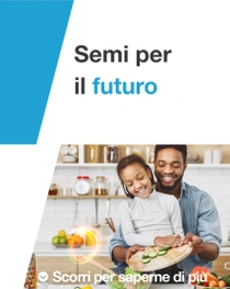 Un uomo e una bambina sono in piedi in una cucina, preparando verdure fresche insieme. Un vortice luminoso volteggia sul piano di lavoro. Il testo recita: “Semi per il futuro”. Un uomo e una bambina sono in piedi in una cucina, preparando verdure fresche insieme. Un vortice luminoso volteggia sul piano di lavoro. Il testo recita: “Semi per il futuro”.