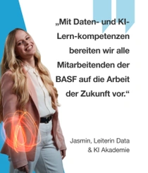 Eine weibliche BASF-Mitarbeitende aus Deutschland trägt eine rosafarbene Jacke und blaue Jeans und steht vor einem blau-weißen Hintergrund. Ein Lichtwirbel umgibt ihren Arm. Der Text lautet:  „Mit Daten- und KI-Lernkompetenzen bereiten wir alle Mitarbeitenden der BASF auf die Arbeit der Zukunft vor.“  Eine weibliche BASF-Mitarbeitende aus Deutschland trägt eine rosafarbene Jacke und blaue Jeans und steht vor einem blau-weißen Hintergrund. Ein Lichtwirbel umgibt ihren Arm. Der Text lautet:  „Mit Daten- und KI-Lernkompetenzen bereiten wir alle Mitarbeitenden der BASF auf die Arbeit der Zukunft vor.“