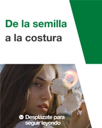 Una mujer con el pelo largo y castaño sostiene una planta de algodón cerca de su rostro. Una espiral de luz es visible encima de la planta de algodón. En el texto pone: “De la semilla a sembrar”. 