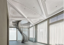 Stairs and ceiling with sound absorbing elements in the innovation building "NEST" in Zurich, Switzerland. Stairs and ceiling with sound absorbing elements in the innovation building "NEST" in Zurich, Switzerland.