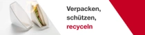 Ein Sandwich, teilweise in eine weiße Plastikverpackung eingewickelt, liegt auf der linken Seite des Bildes. Rechts steht der Text: „Verpacken, schützen, recyceln.“