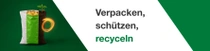 Verpackungsbeutel, der von Kunststoffgranulat zu Erde mit sprießender Tomatenpflanze übergeht, vor grünem Hintergrund mit orangefarbenem Kreislichteffekt. Texteinblendung: „Verpacken, schützen, recyceln"