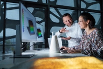 Plastics make an important contribution to safety in electric vehicles. For example, they are used to achieve stable impact protection and safe electricity distribution, as thermally conductive adhesives and to color-code high-voltage components and connectors. Dr. Simon Kniesel (left), Group Leader R&D Ultramid®, Engineering Plastics Europe, and Daniela Longo-Schedel (right), Research Engineer Thermoplastic Foams, discuss simulation results of a virtual compression test of a polyamide particle foam. Plastics make an important contribution to safety in electric vehicles. For example, they are used to achieve stable impact protection and safe electricity distribution, as thermally conductive adhesives and to color-code high-voltage components and connectors. Dr. Simon Kniesel (left), Group Leader R&D Ultramid®, Engineering Plastics Europe, and Daniela Longo-Schedel (right), Research Engineer Thermoplastic Foams, discuss simulation results of a virtual compression test of a polyamide particle foam.