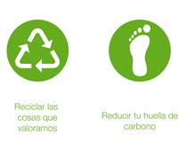 The picture shows two buttons with each an icon in it symbolizing the four pillars of change supporting climate change at BASF , in this case a recycling symbol with the headline "Recycling the things we value" and a footprint with the headline "Reducing your carbon footprint" The picture shows two buttons with each an icon in it symbolizing the four pillars of change supporting climate change at BASF , in this case a recycling symbol with the headline "Recycling the things we value" and a footprint with the headline "Reducing your carbon footprint"