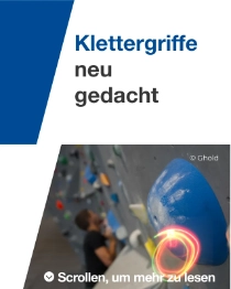 Eine Person klettert an einer Boulderwand. Im Vordergrund ist ein blauer Klettergriff mit einem Lichtwirbel zu sehen. Der Text lautet: „Klettergriffe neu gedacht."