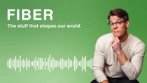 A man wearing glasses and a white sweater sits against a green background. A white audio waveform runs across the lower part of the image. The text reads: “Fiber - The stuff that shapes our world.” A man wearing glasses and a white sweater sits against a green background. A white audio waveform runs across the lower part of the image. The text reads: “Fiber - The stuff that shapes our world.”