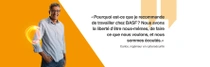 Un employé de BASF, portant une chemise bleu clair, debout devant un fond orange. Un tourbillon lumineux flotte autour de son épaule. Le texte indique : «Pourquoi est-ce que je recommande de travailler chez BASF? Nous avons la liberté d'être nous-mêmes, de faire ce que nous voulons, et nous sommes écoutés.» Un employé de BASF, portant une chemise bleu clair, debout devant un fond orange. Un tourbillon lumineux flotte autour de son épaule. Le texte indique : «Pourquoi est-ce que je recommande de travailler chez BASF? Nous avons la liberté d'être nous-mêmes, de faire ce que nous voulons, et nous sommes écoutés.»