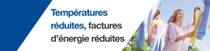 Une femme souriante accroche du linge sur un fil à linge en extérieur. Un tourbillon lumineux flotte au-dessus du linge. Le texte de l'image indique : « Des températures basses, des factures d’énergie en baisse. »