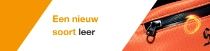 Close-up of an orange zipper on a bag with a light swirl. The text reads: "A new kind of leather." Close-up of an orange zipper on a bag with a light swirl. The text reads: "A new kind of leather."