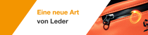 Nahaufnahme eines orangefarbenen Reißverschlusses an einer Tasche mit einem Lichtwirbel. Der Text lautet: „Eine neue Art von Leder." Nahaufnahme eines orangefarbenen Reißverschlusses an einer Tasche mit einem Lichtwirbel. Der Text lautet: „Eine neue Art von Leder."