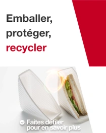 Un sandwich partiellement emballé dans un emballage de plastique blanc est placé à gauche de l'image. À droite, le texte indique : « Emballer, protéger, recycler »