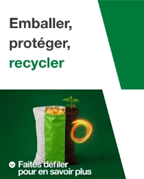 Un sandwich partiellement emballé dans un emballage de plastique blanc est placé à gauche de l'image. À droite, le texte indique : « Emballer, protéger, recycler » Un sandwich partiellement emballé dans un emballage de plastique blanc est placé à gauche de l'image. À droite, le texte indique : « Emballer, protéger, recycler »
