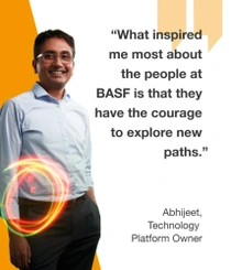 A male BASF employee in Germany is wearing a light blue shirt and dark trousers and is standing in front of an orange background. A swirl of light surrounds his arm. The text reads: “What inspired me most about the people at BASF is that they have the courage to explore new paths.” A male BASF employee in Germany is wearing a light blue shirt and dark trousers and is standing in front of an orange background. A swirl of light surrounds his arm. The text reads: “What inspired me most about the people at BASF is that they have the courage to explore new paths.”