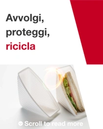 Un panino parzialmente avvolto in un involucro di plastica bianca è posizionato sulla sinistra dell’immagine. Sulla destra, il testo recita: “Avvolgi, proteggi, ricicla” Un panino parzialmente avvolto in un involucro di plastica bianca è posizionato sulla sinistra dell’immagine. Sulla destra, il testo recita: “Avvolgi, proteggi, ricicla”