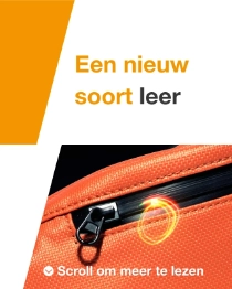 Close-up of an orange zipper on a bag with a light swirl. The text reads: "A new kind of leather." Close-up of an orange zipper on a bag with a light swirl. The text reads: "A new kind of leather."