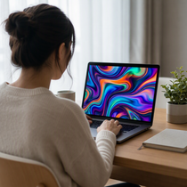 Frau vor einem farbigen Computerbildschirm. 