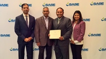 Syed Ashraf receives Promising Professional Award and is joined by Vinny Sirani of BASF and SASE Board Members Srinivas Reddy and Shweta Kurvey-Mishra. Pictured left to right: Srinivas Reddy, Vinny Sirani, Syed Ashraf, and Shweta Kurvey-Mishra.