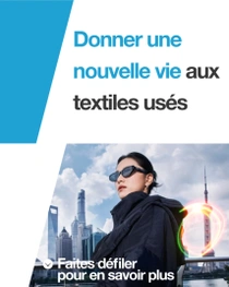 Une femme portant une veste noire décontractée devant un paysage urbain de Shanghaï. Un tourbillon de lumière coloré apparaît sur sa droite. Le texte indique « Donner une nouvelle vie aux anciens textiles »