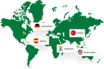 Green world map highlighting the global network of BASF Digital Hubs, with location markers and national flags for Ludwigshafen (Germany), Madrid (Spain), Hyderabad (India), Nanjing (China), and Kuala Lumpur (Malaysia).