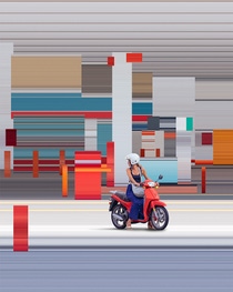 A woman on a red scooter looks over her shoulder, with the city in the background A woman on a red scooter looks over her shoulder, with the city in the background