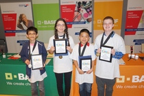 Nick Rauschenberger (right), eighth grader from Ridgedale Middle School in Florham Park, won the New Jersey State You Be The Chemist Challenge ® and will represent New Jersey at the 2016 National Challenge in Philadelphia on June 20. Also pictured from left to right: third runner-up Hari Rajesh from Benjamin Franklin Middle School in Bergen County; second runner-up Julie Gerber from Black River Middle School in Morris County; and first runner-up Jack Lee from David E. Owen’s Middle School in Bergen County. Nick Rauschenberger (right), eighth grader from Ridgedale Middle School in Florham Park, won the New Jersey State You Be The Chemist Challenge ® and will represent New Jersey at the 2016 National Challenge in Philadelphia on June 20. Also pictured from left to right: third runner-up Hari Rajesh from Benjamin Franklin Middle School in Bergen County; second runner-up Julie Gerber from Black River Middle School in Morris County; and first runner-up Jack Lee from David E. Owen’s Middle School in Bergen County.