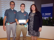 Pictured from left to right, Mr. Jaroslaw Slusarczyk, Teacher; Lukas Kpacki, Student at Lakeland Regional High School; Molly Borst, Manager of Science Education, North America, for BASF.