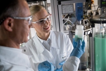 Research on high-performance battery materials - BASF is conducting research on innovative cathode active materials for high-performance lithium-ion batteries. The cathode active material usually consist of mixed metal oxides. Physical laboratory technician Joerg Mai (left) and chemist Dr. Daniela Pfister (right) examine a sample of metal hydroxides. Research on high-performance battery materials - BASF is conducting research on innovative cathode active materials for high-performance lithium-ion batteries. The cathode active material usually consist of mixed metal oxides. Physical laboratory technician Joerg Mai (left) and chemist Dr. Daniela Pfister (right) examine a sample of metal hydroxides.