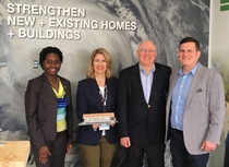 Leslie Chapman-Henderson, president and CEO of FLASH, presented the 3D model of the Breezy Point rebuild to Juan Carlos Ordonez, Senior Vice President of Performance Materials North America of BASF, for outstanding efforts in advancing the FLASH educational program, #HurricaneStrong. They are (from left) Erika Peterman, Vice President of Performance Materials, BASF, Leslie Chapman-Henderson, Juan Carlos Ordonez and Joel May, Performance Materials, Disaster Durable Solutions™, BASF.