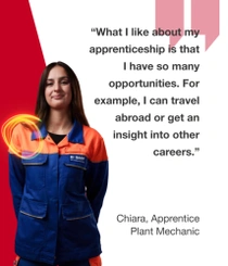 A female BASF employee from Germany in an orange and blue work overall standing against a red background, a light swirl hovers around her shoulder.  The text reads, “What I like about my apprenticeship is that I have so many opportunities. For example, I can travel abroad or get an insight into other careers.”  