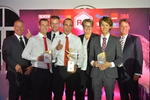 Myles Veljacic, second from left, proudly displays his third place trophy at the R-M Best Painter awards ceremony in Clermont, France. Next to Myles is first place winner, Berry Kooijman from the Netherlands and Genya Yokota from Japan who won second place. Standing behind the winners are (from left to right) Dan Bihlmeyer, BASF Marketing and New Business Development Manager; Jan Ravenstijn, BASF Vice President, Marketing, Automotive Refinish Coatings Solutions, Europe; Katja Scharpwinkel, BASF Senior Vice President, Automotive Refinish Coatings Solutions, Europe and Rene Lang, BASF Vice President, Sales, Automotive Refinish Coatings Solutions, Europe. Myles Veljacic, second from left, proudly displays his third place trophy at the R-M Best Painter awards ceremony in Clermont, France. Next to Myles is first place winner, Berry Kooijman from the Netherlands and Genya Yokota from Japan who won second place. Standing behind the winners are (from left to right) Dan Bihlmeyer, BASF Marketing and New Business Development Manager; Jan Ravenstijn, BASF Vice President, Marketing, Automotive Refinish Coatings Solutions, Europe; Katja Scharpwinkel, BASF Senior Vice President, Automotive Refinish Coatings Solutions, Europe and Rene Lang, BASF Vice President, Sales, Automotive Refinish Coatings Solutions, Europe.