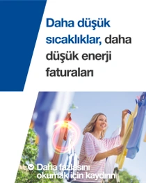 Gülümseyen bir kadın, çamaşırlarını açık havada çamaşır ipine çamaşır asıyor. Hafif bir girdap, çamaşırın üzerinde sallanıyor. Resimdeki metinde şunlar yazıyor: “Daha düşük sıcaklıklar, daha düşük enerji faturaları 