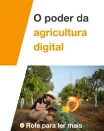 Uma agricultora, vestindo macacão e chapéu, segura um tablet e examina plantas em um campo em um dia ensolarado. No lado esquerdo da imagem, há um texto que diz: “O poder da agricultura digital”.
