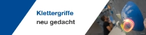 Eine Person klettert an einer Boulderwand. Im Vordergrund ist ein blauer Klettergriff mit einem Lichtwirbel zu sehen. Der Text lautet: „Klettergriffe neu gedacht."