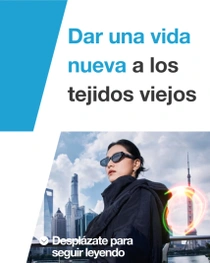 Una mujer con una chaqueta negra informal sobre un paisaje urbano de Shanghái. A su derecha aparece una colorida espiral de luz. En el texto pone “Dar nueva vida a los tejidos antiguos”