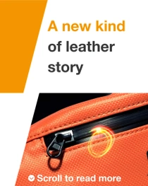Close-up of an orange zipper on a bag with a light swirl. The text reads: "A new kind of leather." Close-up of an orange zipper on a bag with a light swirl. The text reads: "A new kind of leather."