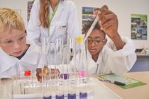 Wie ein Forscher: Mit der Pipette gibt Noa tröpfchenweise Zitronensaft in die blaue Stärkelösung. Wie ein Forscher: Mit der Pipette gibt Noa tröpfchenweise Zitronensaft in die blaue Stärkelösung.