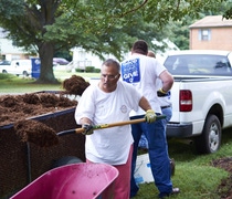 Don McCracken, maintenance mechanic for BASF in Suffolk, performs volunteer landscaping at ForKids’ Suffolk House during the United Way of South Hampton Roads Day of Caring. He and other BASF employees raised $23,585 for the United Way.