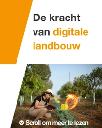 Een vrouwelijke landbouwer die een overall en een hoed draagt, houdt een tablet vast en onderzoekt planten in een veld op een zonnige dag. Een lichtwerveling zweeft in de buurt van de tablet. Aan de linkerkant van de afbeelding staat de tekst: “De kracht van digitale landbouw.”