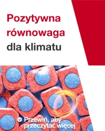 Czerwone i niebieskie tabletki do zmywarki. Nad tabletkami unosi się świetlny wir. Tekst na zdjęciu brzmi: „Z korzyścią dla klimatu”.