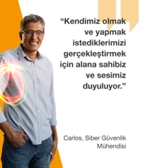 Açık mavi gömlekli  erkek bir BASF çalışanı, turuncu bir arka planın önünde ayakta duruyor.Metinde şunlar yazıyor: "Kendimiz olmak ve yapmak istediklerimizi gerçekleştirmek için alana sahibiz ve sesimiz duyuluyor."