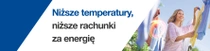 Uśmiechnięta kobieta wiesza pranie na sznurze na zewnątrz. Nad praniem unosi się świetlny wir. Tekst na zdjęciu brzmi: „Niższe temperatury, niższe rachunki za prąd”.