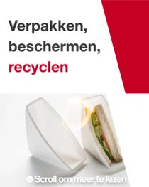 Aan de linkerkant van het beeld is een sandwich te zien die gedeeltelijk is verpakt in een witte plastic wikkel. Rechts staat de tekst: "Verpakken, beschermen, recyclen"