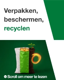 Aan de linkerkant van het beeld is een sandwich te zien die gedeeltelijk is verpakt in een witte plastic wikkel. Rechts staat de tekst: "Verpakken, beschermen, recyclen" Aan de linkerkant van het beeld is een sandwich te zien die gedeeltelijk is verpakt in een witte plastic wikkel. Rechts staat de tekst: "Verpakken, beschermen, recyclen"