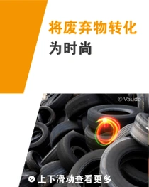 一堆汽车轮胎叠在一起。轮胎上方有一个光环。文字写着“将废弃物转化为时尚”。 
